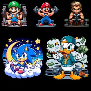 May include: A collection of cartoon illustrations featuring characters like Mario, Luigi, and Thor lifting weights. Sonic the Hedgehog sits on a cloud, and a Donald Duck-like character holds money and a cigar. All characters are set against a black background.