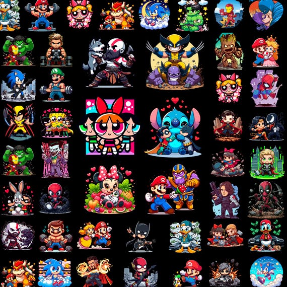 200+ PNG Superhero & Cartoon Bundle | Chibi Clipart, Cute Characters, Sublimation, Stickers, T-Shirts, Digital Download, Crafts