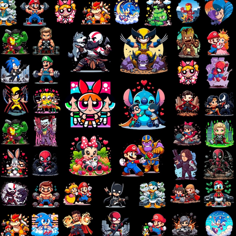 May include: A collection of colorful cartoon character stickers, including superheroes, video game characters, and animated figures. The stickers feature characters like Mario, Sonic, Batman, and the Powerpuff Girls, set against a black background.