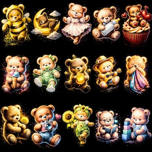 Könnte beinhalten: Eine Sammlung von fünfzehn illustrierten Teddybären auf schwarzem Hintergrund, die verschiedene Aktivitäten zeigen, darunter das Tragen eines Bienenkostüms, das Schlafen auf einer Mondsichel, das Halten einer Babyflasche, Gitarrespielen und Bauklötze.
