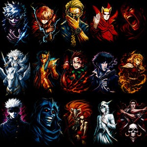 May include: A collection of colorful digital art portraits of various anime and manga characters. Each portrait features a unique character with distinct features, including vibrant hair, clothing, and accessories, set against a black background. The artwork showcases a range of expressions and poses.