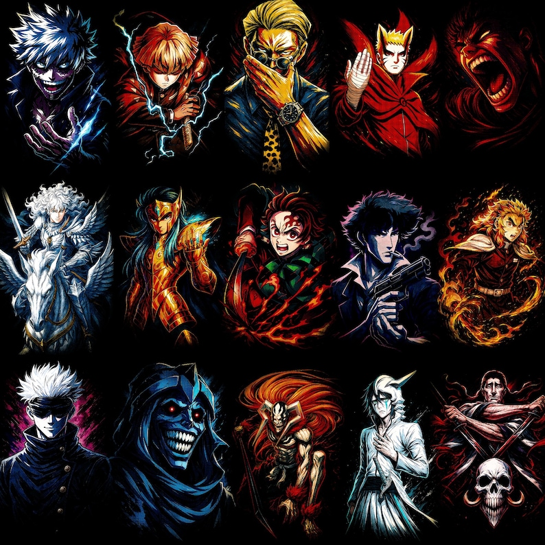 May include: A collection of colorful digital art portraits of various anime and manga characters. Each portrait features a unique character with distinct features, including vibrant hair, clothing, and accessories, set against a black background. The artwork showcases a range of expressions and poses.