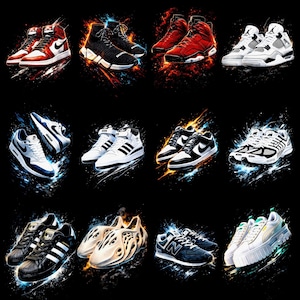 May include: A selection of trainers in various styles and colours, including red, black, white, and blue, set against a black backdrop with artistic, colourful accents. The image showcases a range of footwear.
