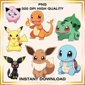 Pokemon Png Bundle Clipart, Birthday Decor, Character PNGs, Anime characters, High Quality, Digital Download