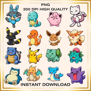 Lot de Pokémon Chibi mignons au format PNG, clipart Pokémon kawaii, téléchargement numérique, clipart animé, téléchargement instantané, art par sublimation, téléchargement numérique