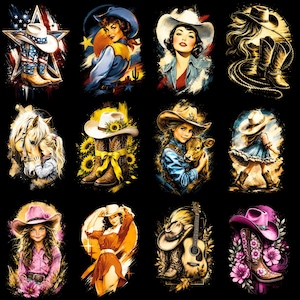 Könnte beinhalten: Eine Sammlung von zwölf digitalen Illustrationen mit Western-Motiven, darunter Cowboyhüte, Stiefel, Pferde, Sonnenblumen, Gitarren und Figuren in Jeanskleidung, die alle vor einem schwarzen Hintergrund in einem Raster angeordnet sind.