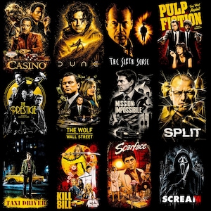 Op de afbeelding: Een verzameling filmposters met iconische films zoals "Casino", "Dune", "The Sixth Sense", "Pulp Fiction", "The Prestige", "The Wolf of Wall Street", "Mission: Impossible", "Split", "Taxi Driver", "Kill Bill", "Scarface" en "Scream".