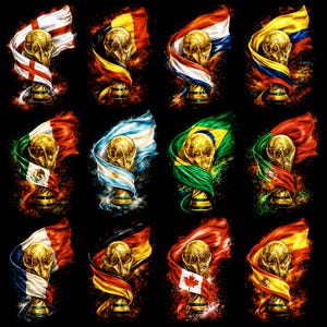Op de afbeelding: Een reeks afbeeldingen met de FIFA World Cup-trofee, elk versierd met een andere nationale vlag. Vlaggen zijn onder meer Engeland, België, Nederland, Colombia, Mexico, Argentinië, Brazilië, Portugal, Frankrijk, Duitsland, Canada en Spanje.