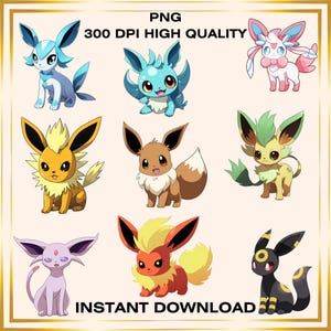 Eevee Evolution PNG Bundle, Cute Pokemon Clipart, Digital Download, Anime Style PNGs, Printable Characters, Kawaii Art, Digital Download