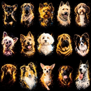 以下が含まれることがあります： 黒い背景に、さまざまな犬種の肖像画が描かれたデジタルアートプリント。犬たちは鮮やかな色と光る効果で表現され、それぞれの特徴や表情が際立っています。チワワ、マスティフ、ヨークシャーテリアなどの犬種が含まれています。
