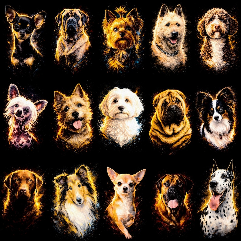 以下が含まれることがあります： 黒い背景に、さまざまな犬種の肖像画が描かれたデジタルアートプリント。犬たちは鮮やかな色と光る効果で表現され、それぞれの特徴や表情が際立っています。チワワ、マスティフ、ヨークシャーテリアなどの犬種が含まれています。