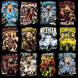 Könnte beinhalten: Eine Collage aus zwölf einzelnen Postern mit professionellen Fußballspielern, darunter Rodri, Thierry Henry, Lionel Messi, Kaka, Gabriel Martinelli, Andres Iniesta, Neymar, Romario, Mohamed Salah, Vinicius Junior, Cristiano Ronaldo und Kevin De Bruyne.