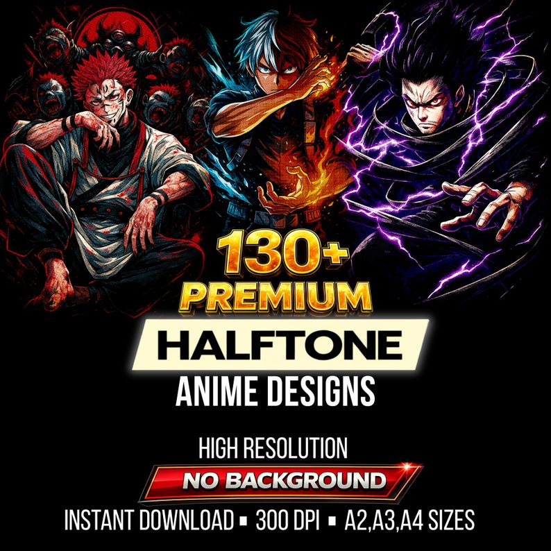 May include: Digital art featuring three anime characters with dynamic poses and vibrant colors. The image includes text that reads "130+ Premium Halftone Anime Designs" and other details about the product.