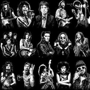 Könnte beinhalten: Schwarz-Weiß-Illustration mit Porträts von ikonischen Rockmusikern. Das Bild zeigt Porträts von Musikern wie Steven Tyler, Mick Jagger und Kurt Cobain, unter anderem. Die Porträts sind vor einem schwarzen Hintergrund angeordnet.