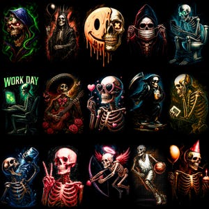 May include: A collection of colorful illustrations of skeletons in various poses and settings. One skeleton is wearing heart-shaped sunglasses, another is playing a guitar, and one is on a skateboard. The phrase "WORK DAY" is displayed above a skeleton at a computer.