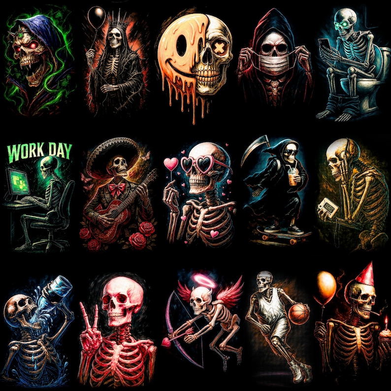 May include: A collection of colorful illustrations of skeletons in various poses and settings. One skeleton is wearing heart-shaped sunglasses, another is playing a guitar, and one is on a skateboard. The phrase "WORK DAY" is displayed above a skeleton at a computer.