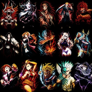 May include: A collection of colorful anime character illustrations on a black background. Each character is depicted in a dynamic pose, with vibrant colors and detailed features. The artwork showcases a variety of characters from different anime series.