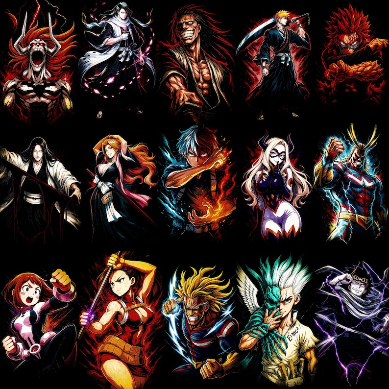 May include: A collection of colorful anime character illustrations on a black background. Each character is depicted in a dynamic pose, with vibrant colors and detailed features. The artwork showcases a variety of characters from different anime series.
