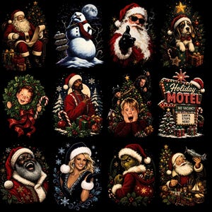 Könnte beinhalten: Eine Sammlung von zwölf verschiedenen weihnachtlichen Illustrationen mit dem Weihnachtsmann, einem Schneemann, einem Beagle, einem Kranz, einem Mann im roten Pullover, einem Jungen mit Händen im Gesicht, einem Holiday Motel Schild, einem lachenden Weihnachtsmann, einer Frau, dem Grinch und dem Weihnachtsmann mit einem Spielzeugflugzeug.