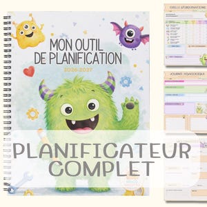 Puede incluir: Un planificador con espiral con un tema de monstruos coloridos. La portada presenta un monstruo verde con cuernos morados y el texto "MON OUTIL DE PLANIFICATION 2026-2027" y "PLANIFICATEUR COMPLET". Las páginas interiores incluyen cuadrículas y secciones de planificación.