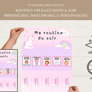 Peut inclure: Tableau de routine visuelle rose et violet pour le matin et le soir, avec une licorne, un arc-en-ciel et des étoiles. Le tableau comprend des étapes illustrées pour les activités quotidiennes, avec le texte "Ma routine du matin" et "Ma routine du soir".