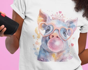 Cadeau T-shirt voor varkensliefhebbers | Schattig varkentje in aquarel | Ontwerp met hartvormige bril