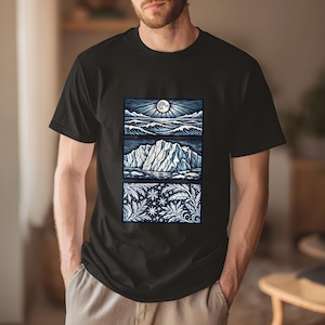 Elemental shirt — three-panel woodcut triptych with arctic waves, iceberg and frost crystals in ice blue and white on navy, nature elements shirt for ocean lovers