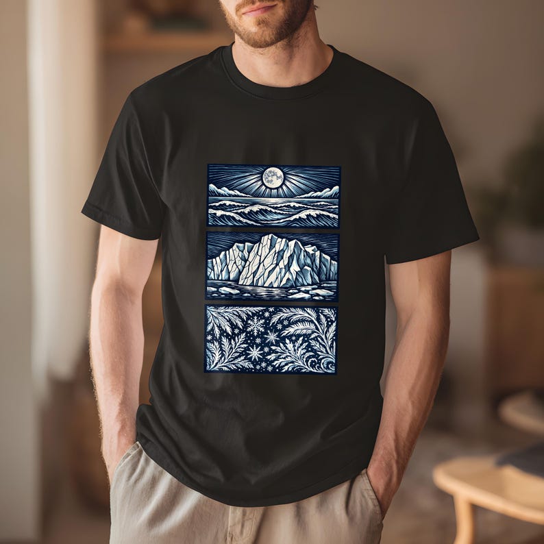 Elemental shirt — three-panel woodcut triptych with arctic waves, iceberg and frost crystals in ice blue and white on navy, nature elements shirt for ocean lovers