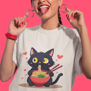 Noodle Cat Shirt, Ramen Cat T-Shirt, Foodie Lover Shirts, Black Cat Noodle T-Shirts, Retro Cat Tees, Cat Lover Sweatshirts, Black Cat Tee