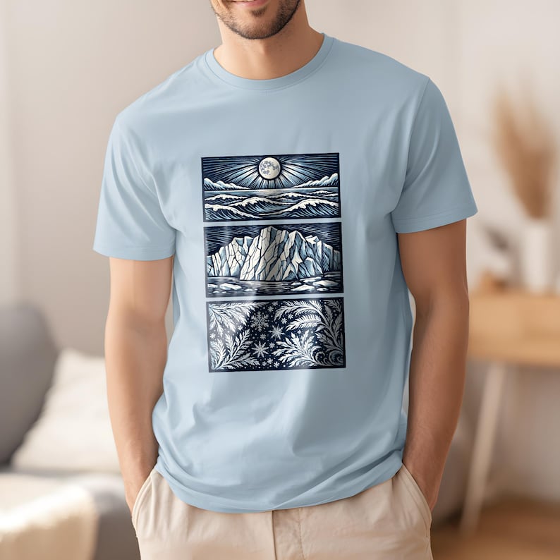 Elemental shirt — three-panel woodcut triptych with arctic waves, iceberg and frost crystals in ice blue and white on navy, nature elements shirt for ocean lovers