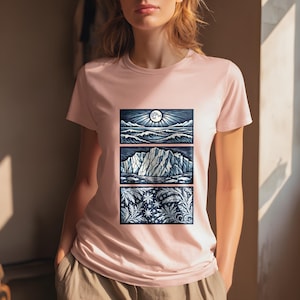 Elemental shirt — three-panel woodcut triptych with arctic waves, iceberg and frost crystals in ice blue and white on navy, nature elements shirt for ocean lovers