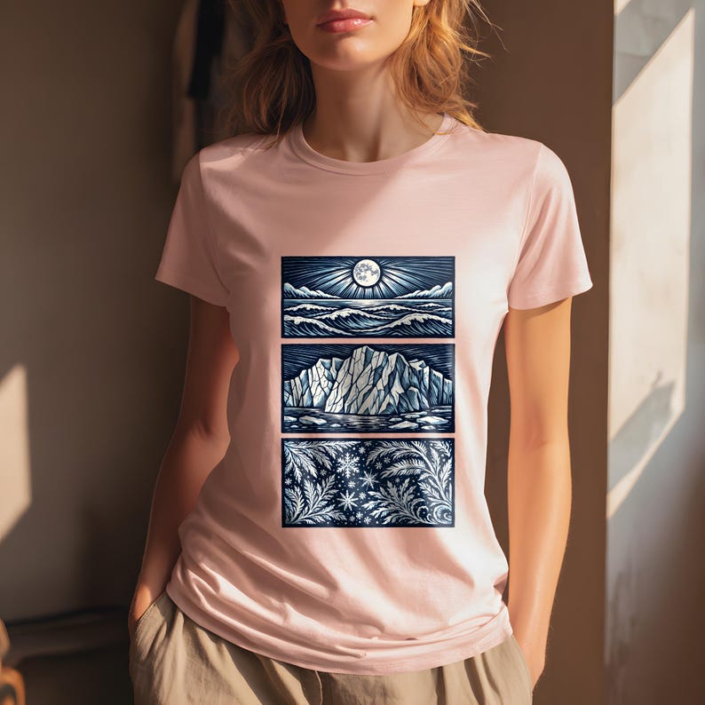 Elemental shirt — three-panel woodcut triptych with arctic waves, iceberg and frost crystals in ice blue and white on navy, nature elements shirt for ocean lovers