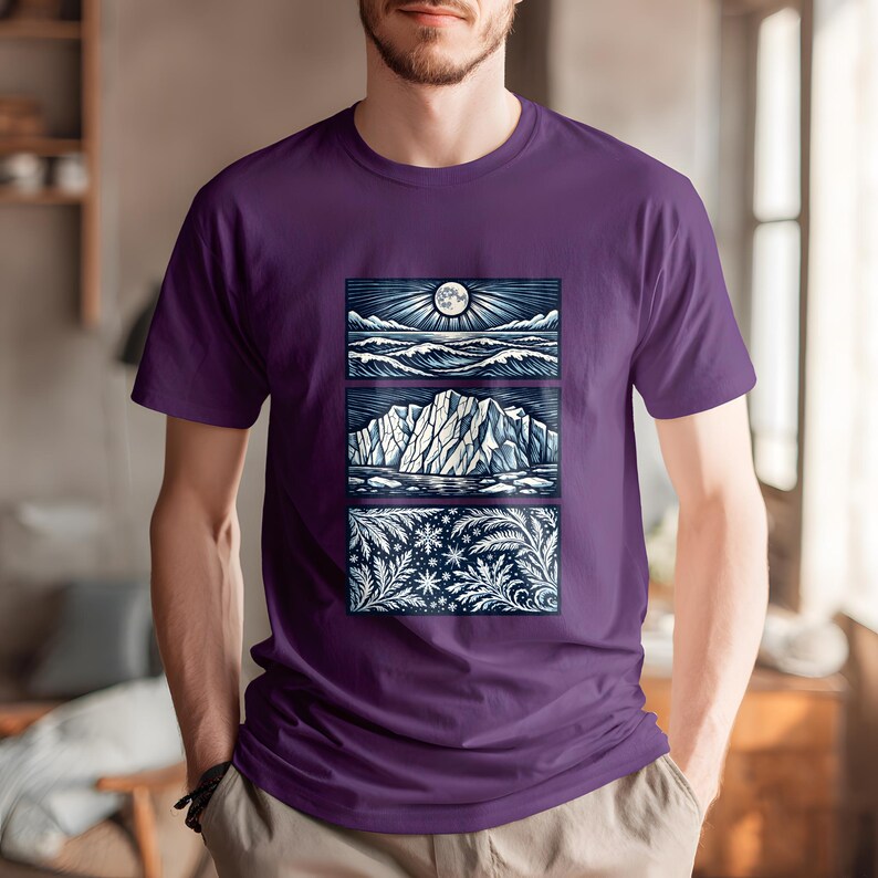 Elemental shirt — three-panel woodcut triptych with arctic waves, iceberg and frost crystals in ice blue and white on navy, nature elements shirt for ocean lovers