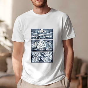 Elemental shirt — three-panel woodcut triptych with arctic waves, iceberg and frost crystals in ice blue and white on navy, nature elements shirt for ocean lovers