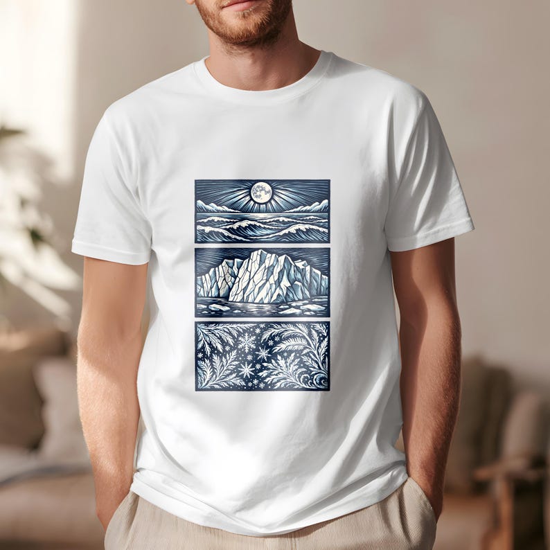 Elemental shirt — three-panel woodcut triptych with arctic waves, iceberg and frost crystals in ice blue and white on navy, nature elements shirt for ocean lovers