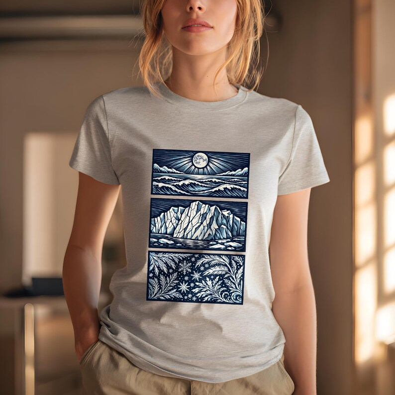 Elemental shirt — three-panel woodcut triptych with arctic waves, iceberg and frost crystals in ice blue and white on navy, nature elements shirt for ocean lovers