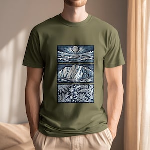 Elemental shirt — three-panel woodcut triptych with arctic waves, iceberg and frost crystals in ice blue and white on navy, nature elements shirt for ocean lovers