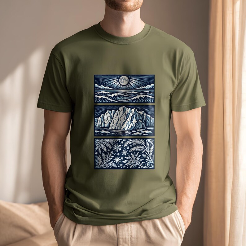Elemental shirt — three-panel woodcut triptych with arctic waves, iceberg and frost crystals in ice blue and white on navy, nature elements shirt for ocean lovers