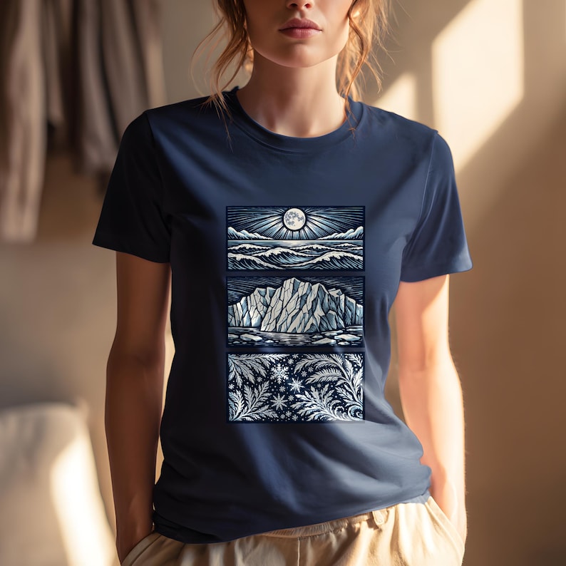 Elemental shirt — three-panel woodcut triptych with arctic waves, iceberg and frost crystals in ice blue and white on navy, nature elements shirt for ocean lovers