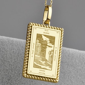 Collier en or 14 carats de carte de tarot Misere, amulette de carte de la tour, pendentif Etteilla, breloque arcanes, amulette de tarot de la prison, bijoux de carte de tarot de Misere
