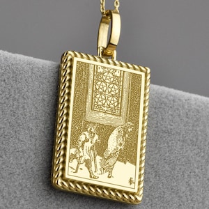 Collier de carte de tarot cinq pentacles en or 14 carats, amulette de tarot gothique, breloque pont magique, pendentif arcanes, bijoux de carte de tarot cinq pentacles
