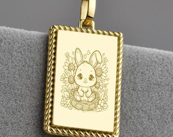 14K Gold Bunny Necklace, Easter Bunny Charm, Personalized Fluffy Rabbit Talisman, Cartoon Bunny Amulet, Floral Hare Pendant, Bunny Jewelry