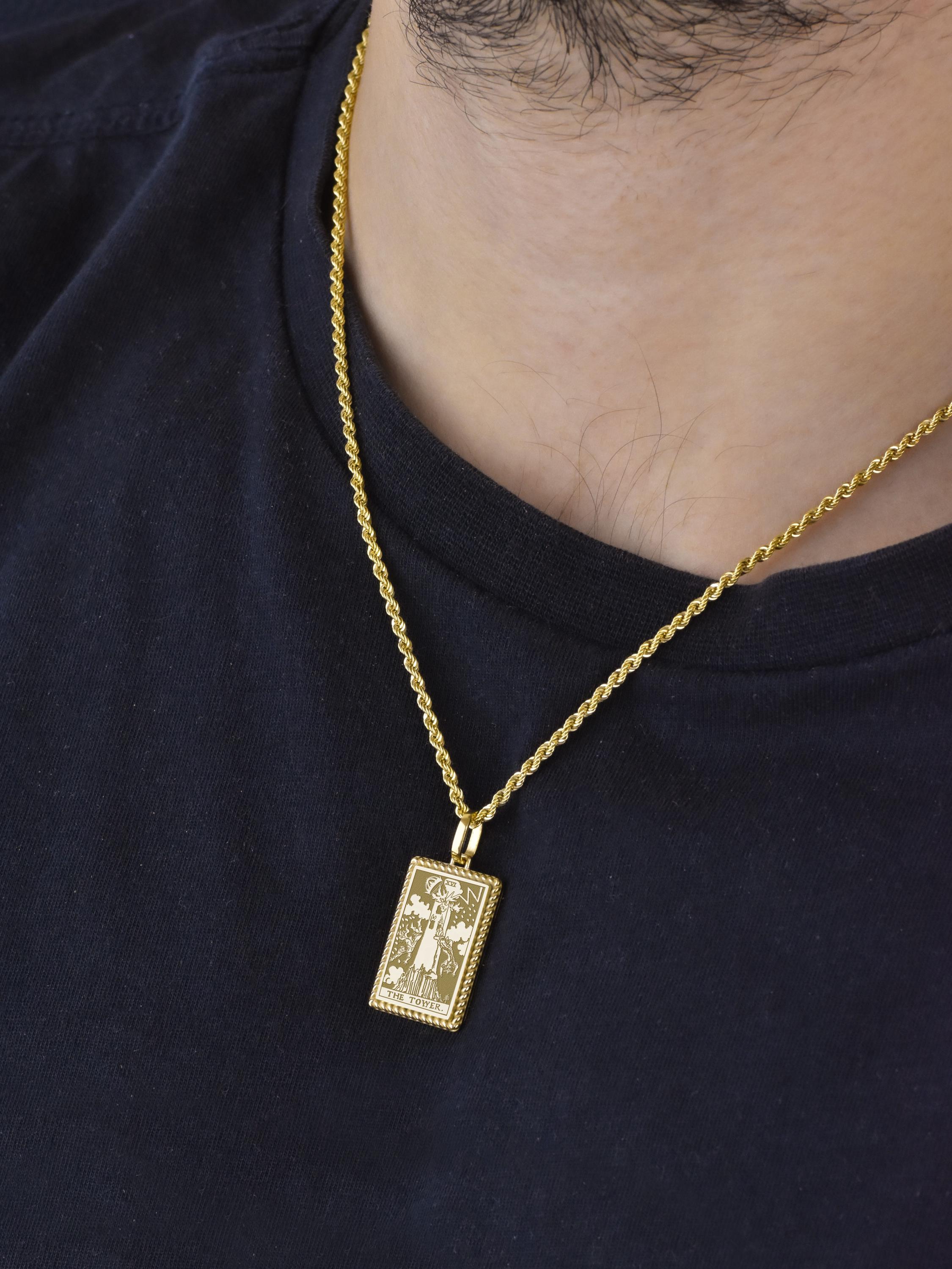 14K Gold the Tower Tarot Card Necklace, Major Arcana Charm