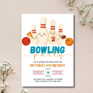 May include: Bowling party invitation with cartoon bowling pins, a red bowling ball, and orange bowling ball. The invitation includes the text "Bowling Party" and details for Matthew's 4th birthday, including the date, time, and location.