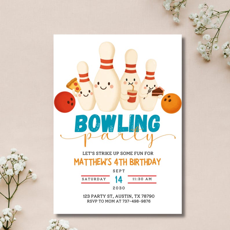 May include: Bowling party invitation with cartoon bowling pins, a red bowling ball, and orange bowling ball. The invitation includes the text "Bowling Party" and details for Matthew's 4th birthday, including the date, time, and location.