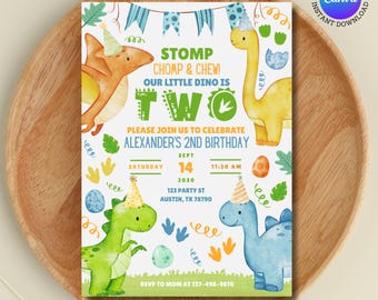 Dinosaur Birthday Invitation | Two Rex Party | Dino 2nd Birthday | Editable Canva | Printable Invite