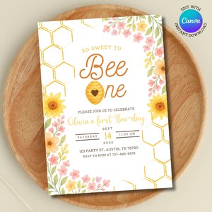 Bee One Birthday Invitation | Honey Bee First Birthday | Editable Canva Template | Girl 1st Bee-Day Invite | Instant Download | Floral Bee