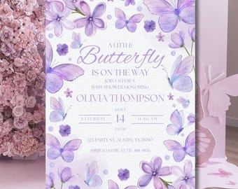 Purple Watercolor Butterfly Baby Shower Invitation (Canva Template)