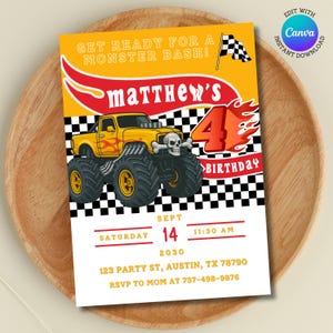Monstertruck-Geburtstagseinladung | Bearbeitbare Canva Vorlage | 1-10 Geburtstagskind | Schädel Flamme LKW Einladen | Blaues Monster-Party-Thema