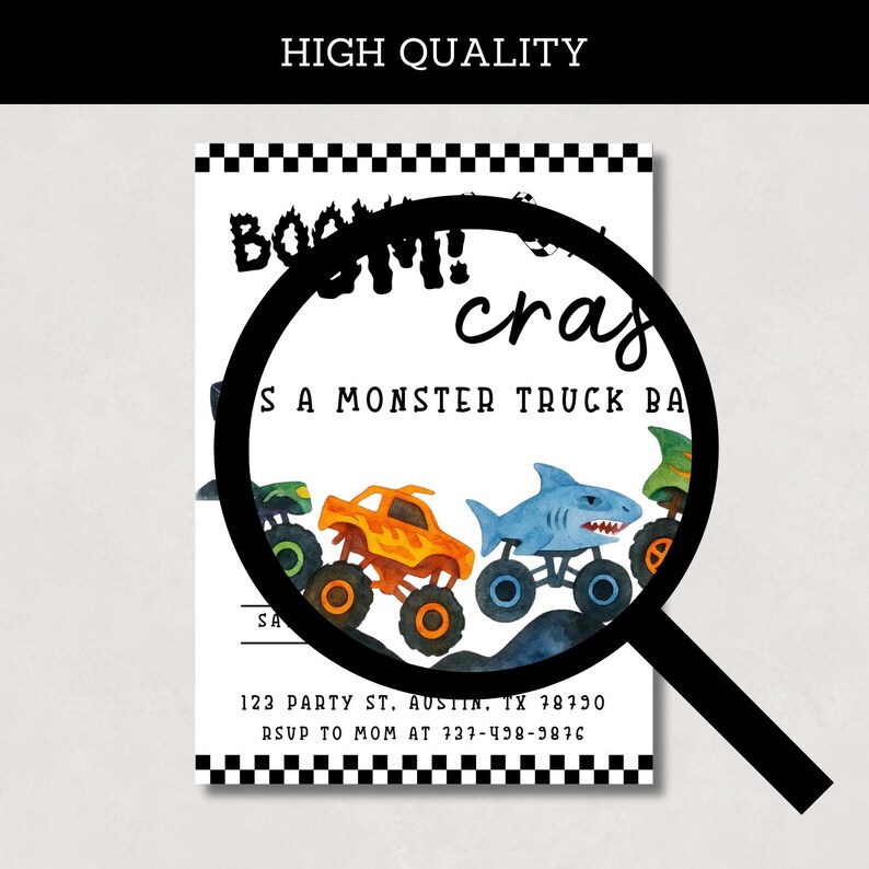 Monster Truck Birthday Invitation | Editable Canva Template | Boys 2nd Birthday Invite | Monster Jam Party | Watercolor Trucks Theme image 7